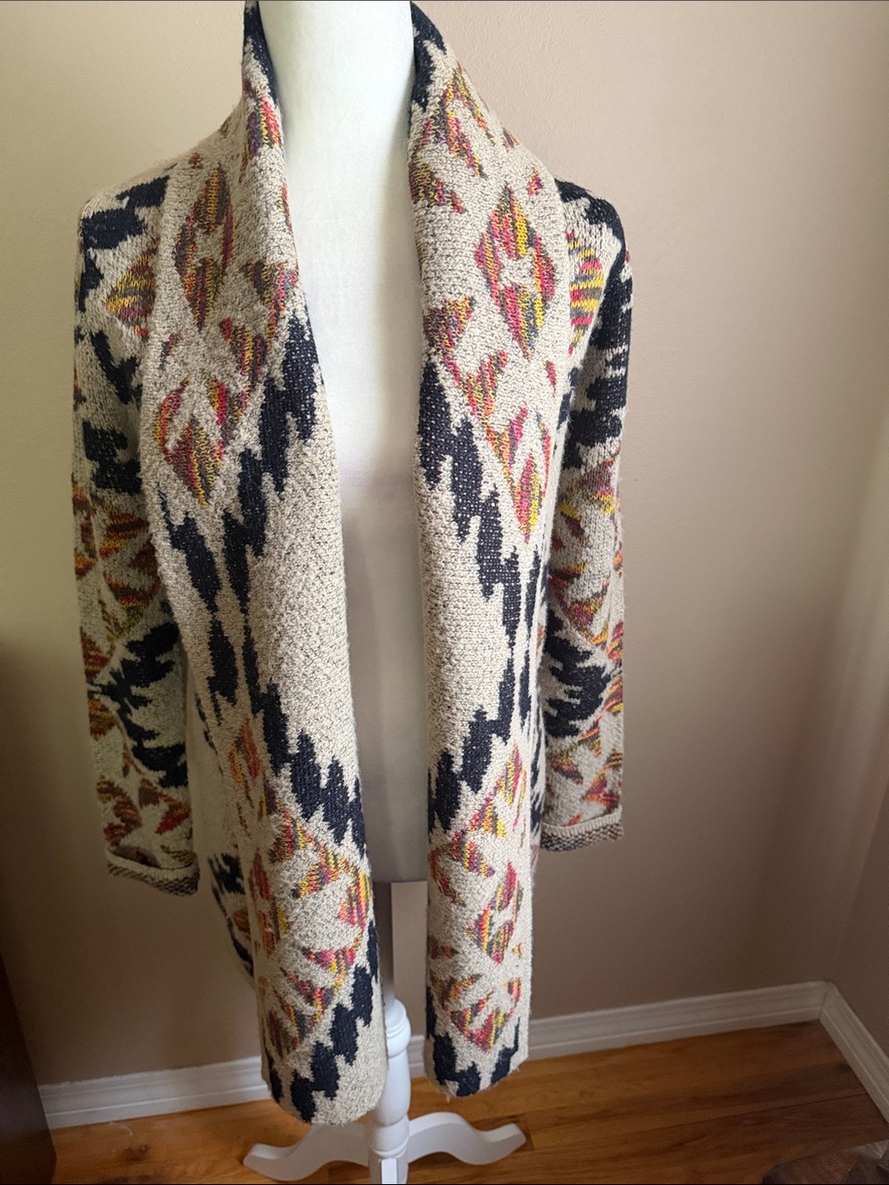 Woven Heart Cream Aztec Open-Front Cardigan with Navy and Multicolor Accents